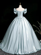 A-Line V Neck Satin Blue Long Evening Prom Dress, Blue Long Formal Dress