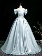 A-Line V Neck Satin Blue Long Evening Prom Dress, Blue Long Formal Dress