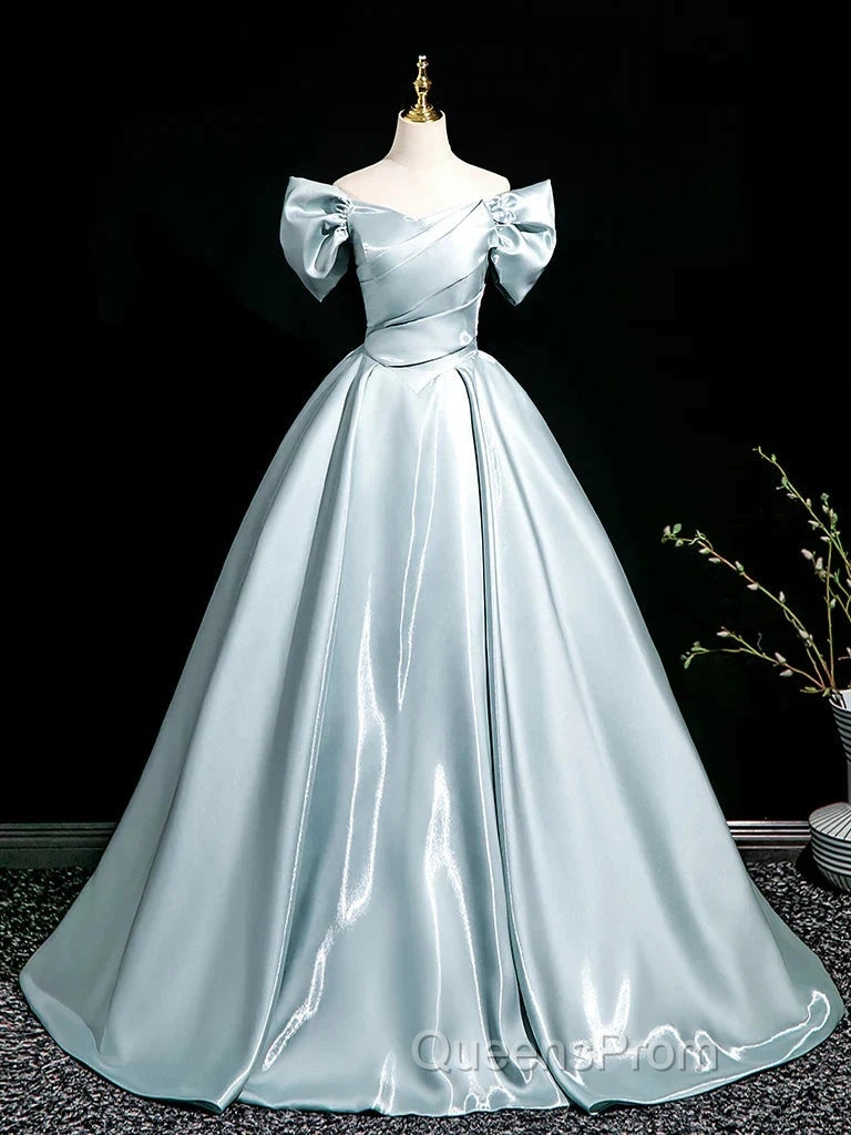 A-Line V Neck Satin Blue Long Evening Prom Dress, Blue Long Formal Dress