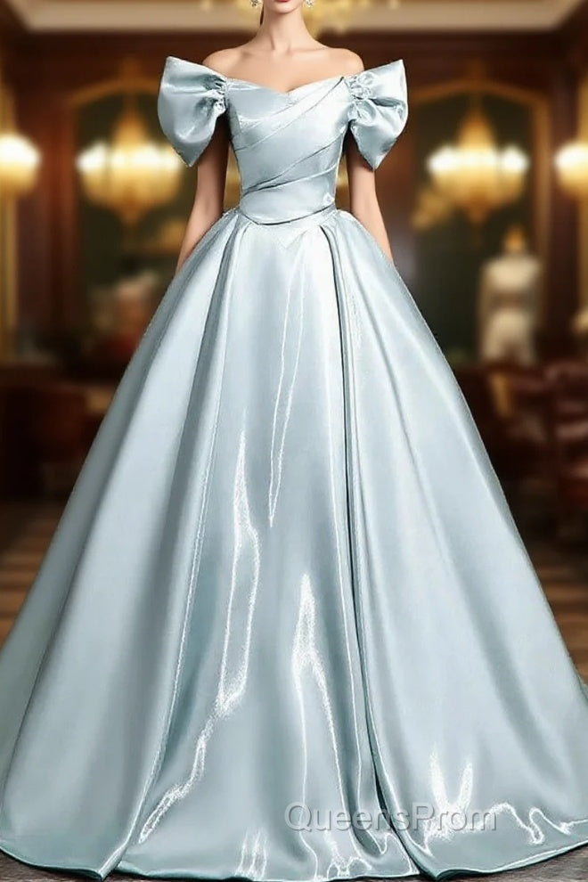 A-Line V Neck Satin Blue Long Evening Prom Dress, Blue Long Formal Dress Main image