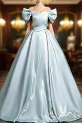 A-Line V Neck Satin Blue Long Evening Prom Dress, Blue Long Formal Dress