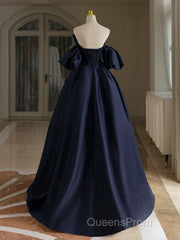 A-Line V Neck Satin Dark Blue Long Evening Prom Dress, Dark Blue Long Formal Dress