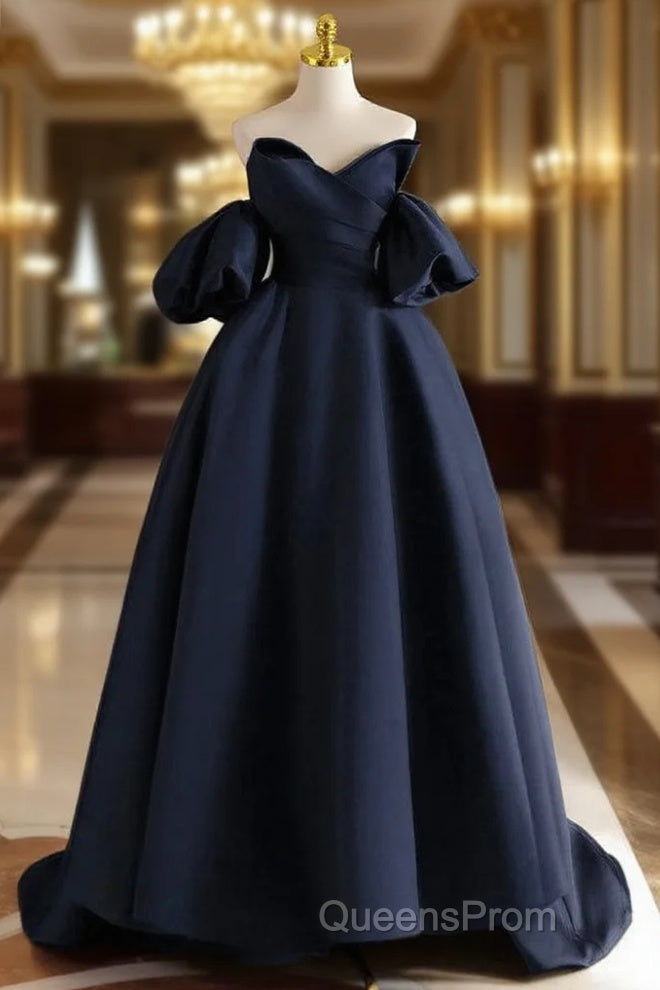 A-Line V Neck Satin Dark Blue Long Evening Prom Dress, Dark Blue Long Formal Dress Main image