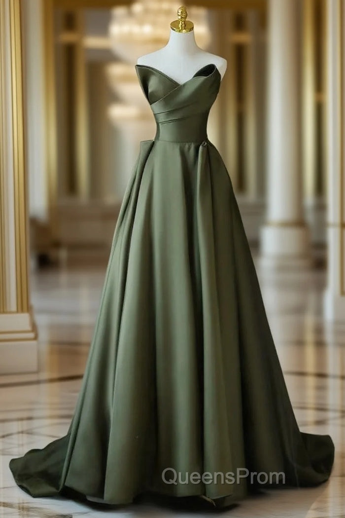 A-Line V Neck Satin Green Long Evening Prom Dress, Green Long Evening Dress Main image