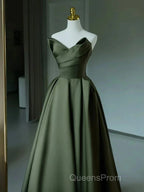 A-Line V Neck Satin Green Long Evening Prom Dress, Green Long Formal Dress