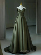 A-Line V Neck Satin Green Long Evening Prom Dress, Green Long Formal Dress