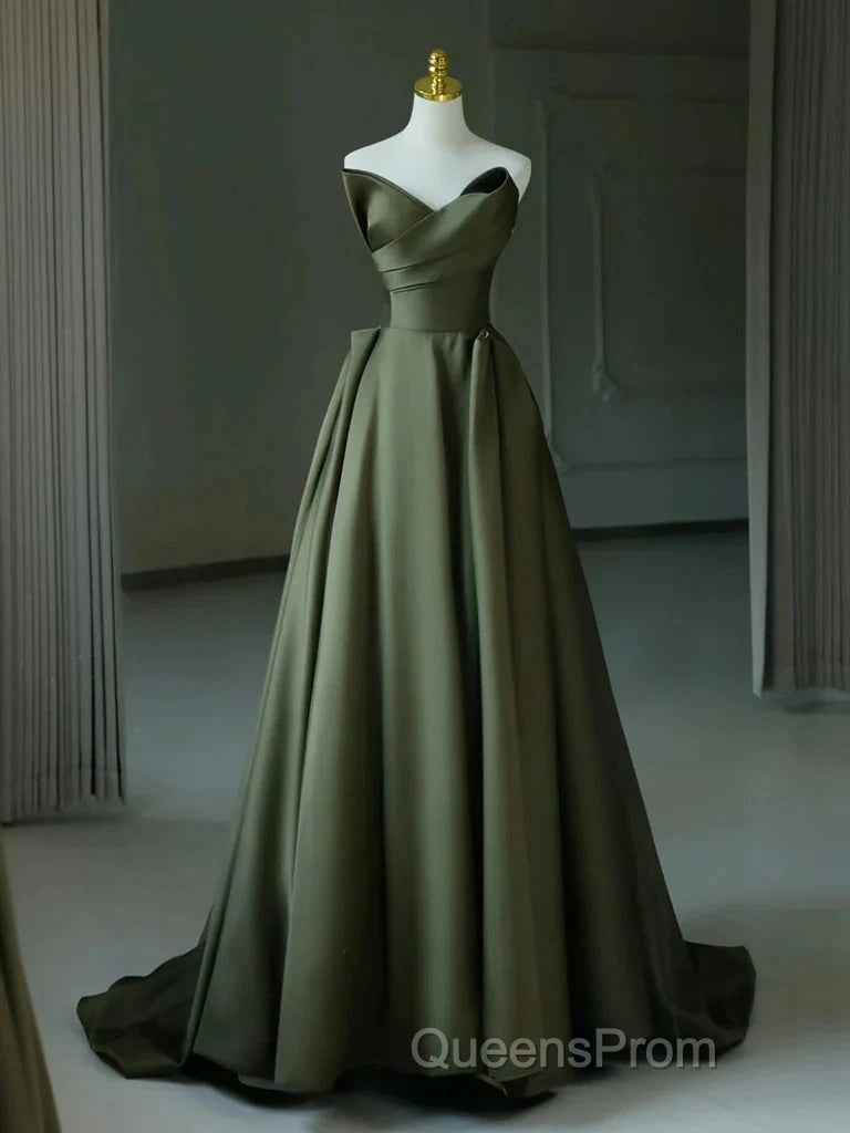 A-Line V Neck Satin Green Long Evening Prom Dress, Green Long Formal Dress