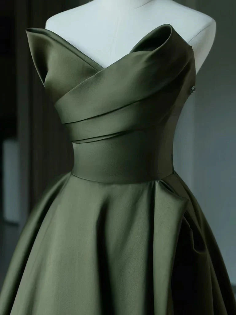 A-Line V Neck Satin Green Long Classy Prom Dress, Green Long Classy Dress