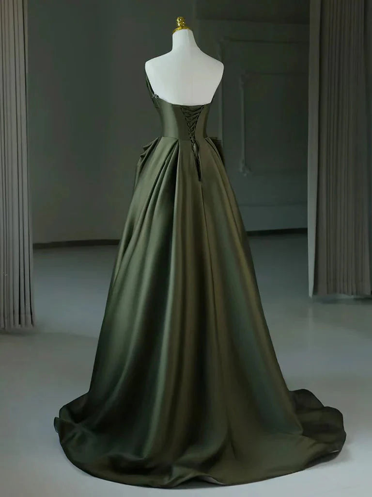 A-Line V Neck Satin Green Long Classy Prom Dress, Green Long Classy Dress