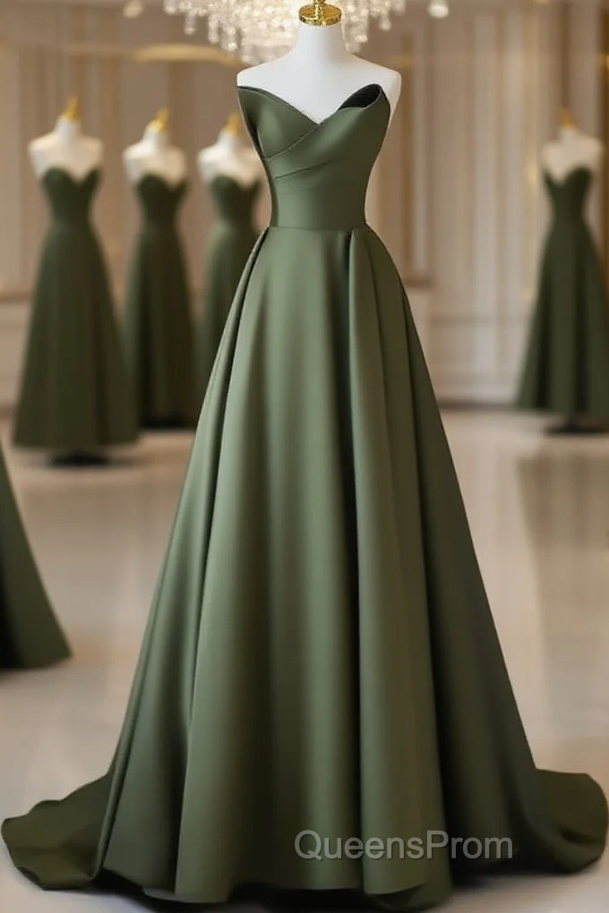 A-Line V Neck Satin Green Long Evening Prom Dress, Green Long Formal Dress Main image
