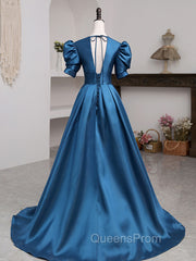 A-Line V Neck Satin Long Evening Prom Dress, Blue Satin Long Evening Dress