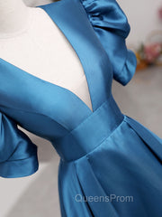 A-Line V Neck Satin Long Evening Prom Dress, Blue Satin Long Evening Dress