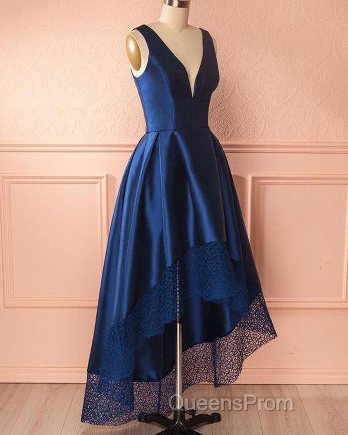 A Line V-Neck Satin Long Evening Prom Dress With Lace