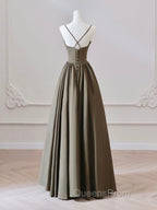 A-Line V Neck Satin Olive Green Long Evening Prom Dress, Olive Green Long Evening Dress