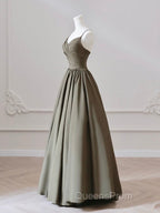 A-Line V Neck Satin Olive Green Long Evening Prom Dress, Olive Green Long Evening Dress