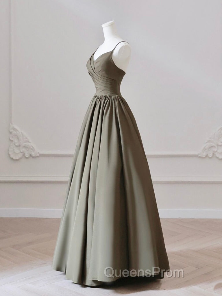 A-Line V Neck Satin Olive Green Long Evening Prom Dress, Olive Green Long Evening Dress