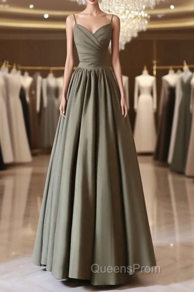 A-Line V Neck Satin Olive Green Long Evening Prom Dress, Olive Green Long Evening Dress