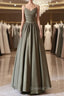 A-Line V Neck Satin Olive Green Long Evening Prom Dress, Olive Green Long Evening Dress