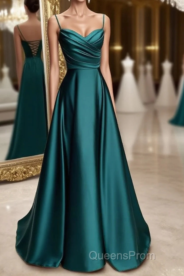 A-line Sweetheart Spaghetti Straps Satin Long Evening Prom Dress with Pleated Main image