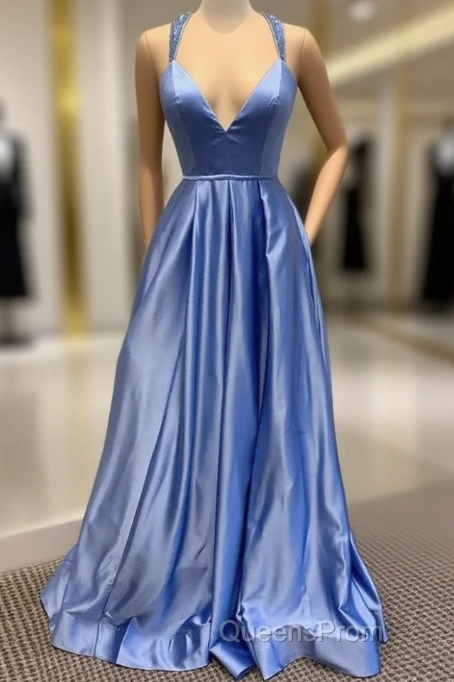 A-Line V Neck Satin Unique Long Evening Prom Dress Formal Gowns Main image