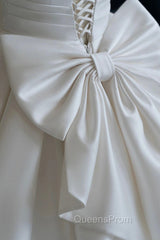 A-Line V-Neck Satin Wedding Dress, White Short Sleeve Bridal Gown with Bow