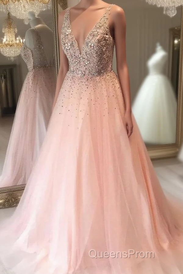 A Line V Neck Sequins Pink Long Evening Prom Dress, Pink Formal Graduation Evening Dress Main image