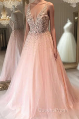 A Line V Neck Sequins Pink Long Evening Prom Dress, Pink Formal Graduation Evening Dress