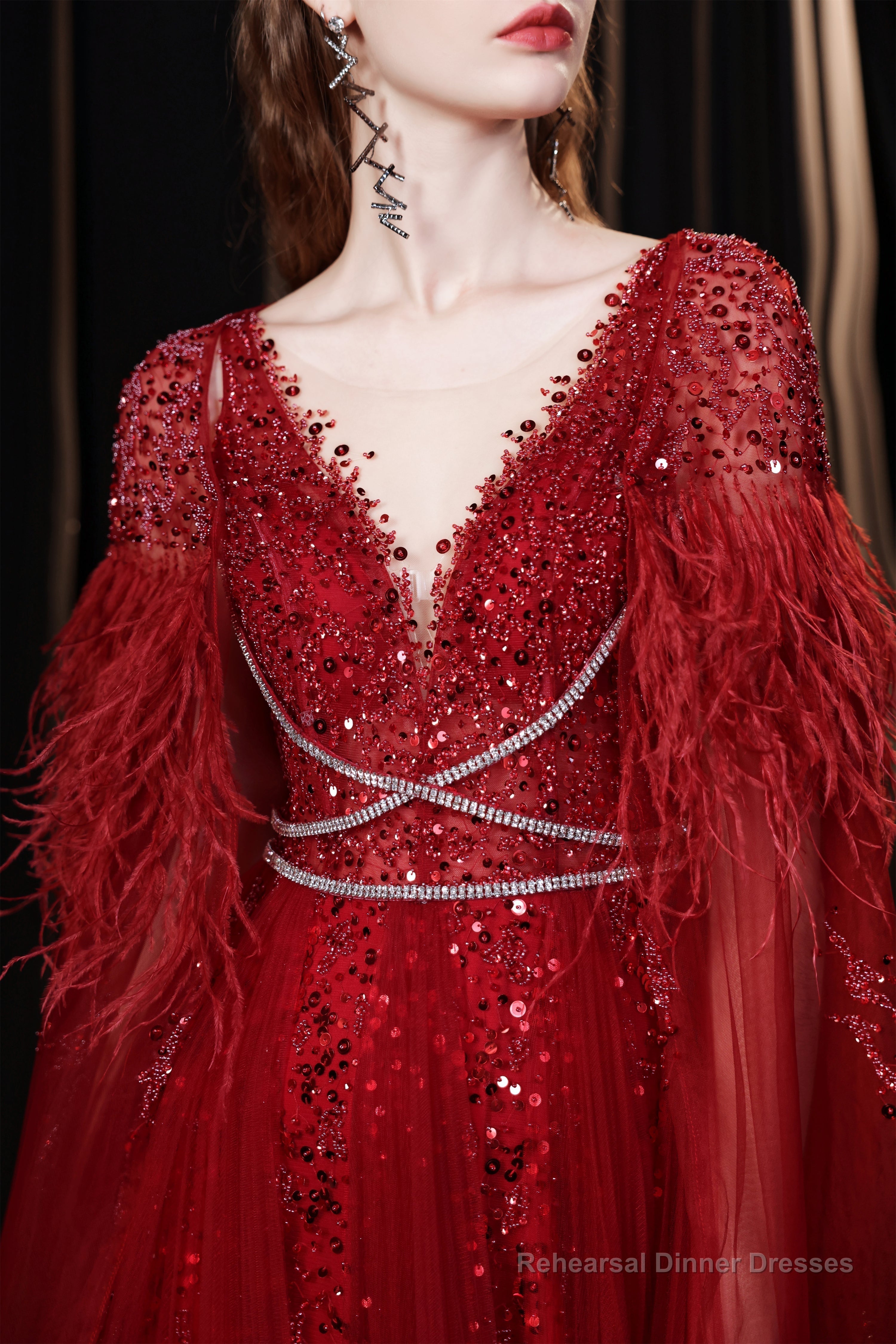 A Line V-neck Shiny Sequin Beaded Prom Dresses