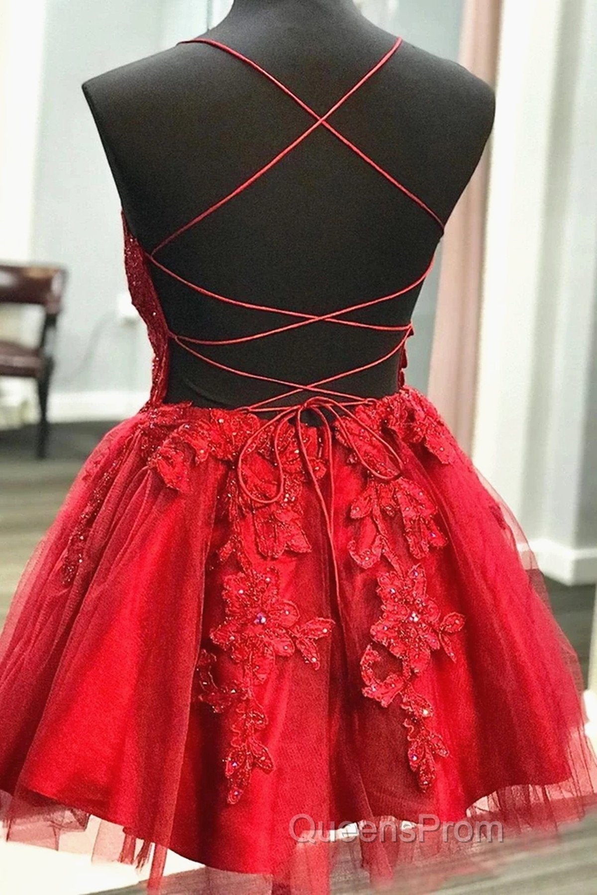 A Line V Neck Short Backless Red Lace Evening Prom Dress, Short Red Backless Lace Formal Homecoming Dress