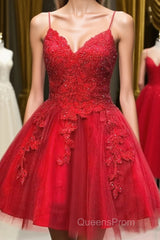 A Line V Neck Short Backless Red Lace Evening Prom Dress, Short Red Backless Lace Formal Homecoming Dress