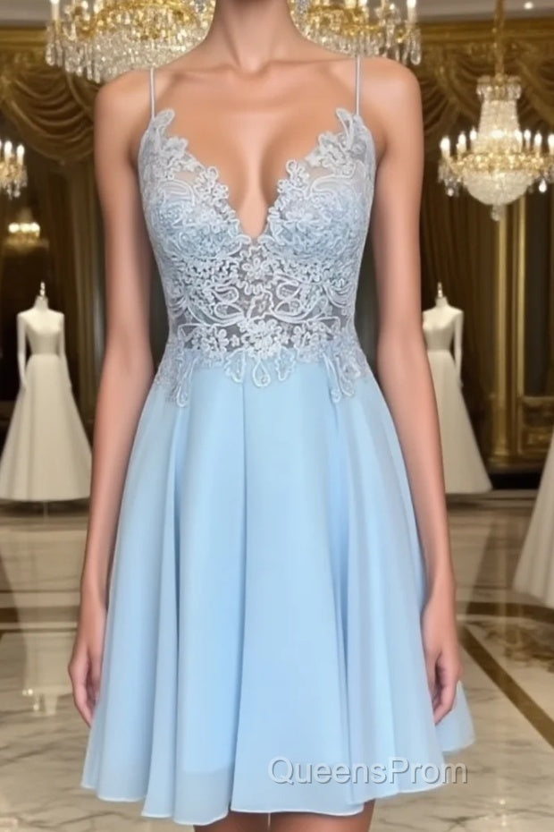 A Line V Neck Short Blue Lace Evening Prom Dress, Short Blue Lace Formal Homecoming Dress Main image