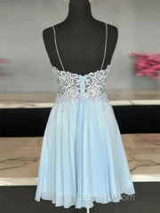 A Line V Neck Short Blue Lace Evening Prom Dress, Short Blue Lace Formal Homecoming Dress