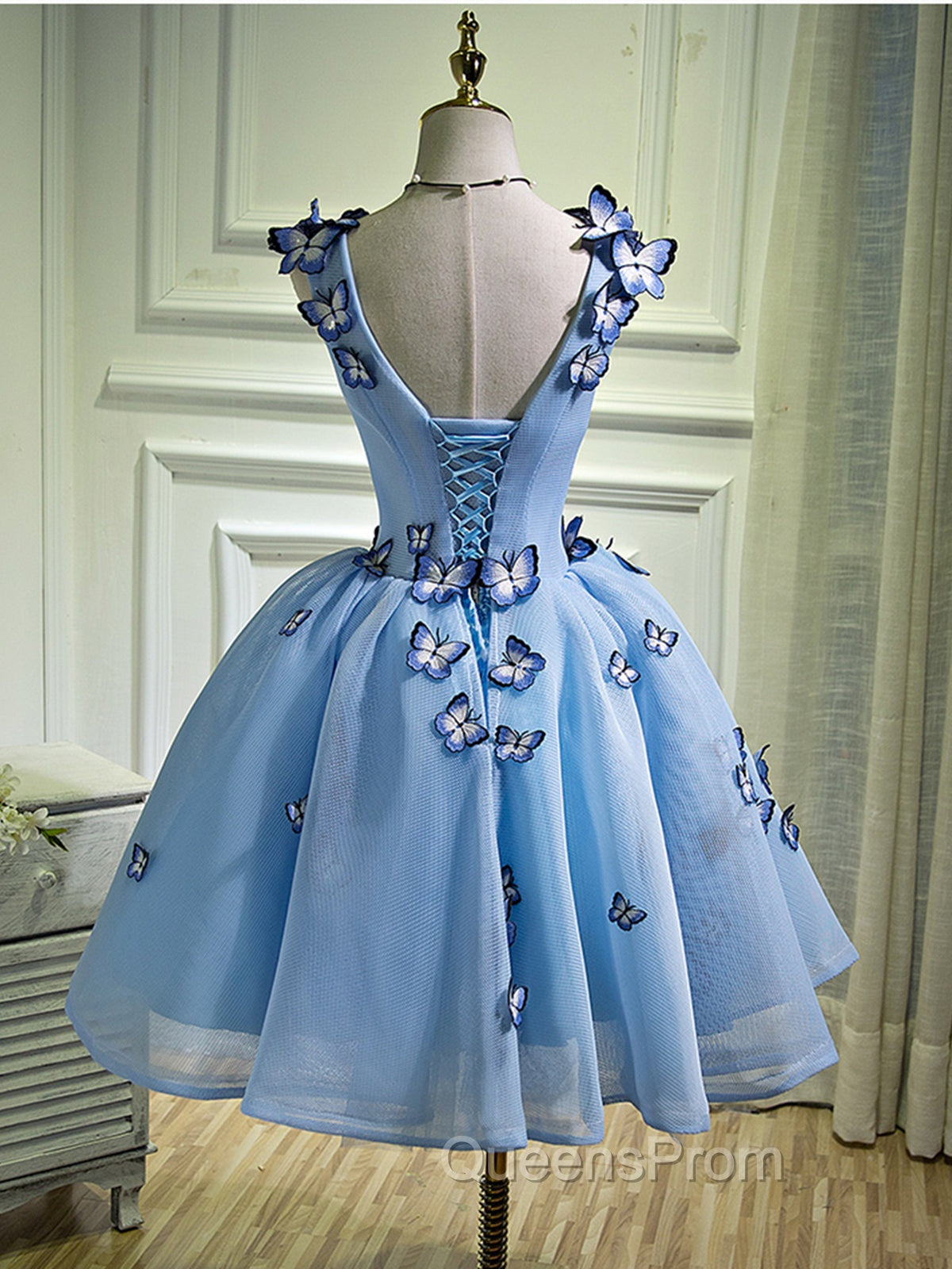 A Line V Neck Short Blue Evening Prom Dress with Butterfly, Short Blue Evening Homecoming Dress