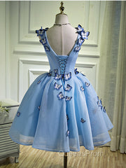 A Line V Neck Short Blue Evening Prom Dress with Butterfly, Short Blue Evening Homecoming Dress