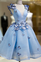 A Line V Neck Short Blue Evening Prom Dress with Butterfly, Short Blue Evening Homecoming Dress