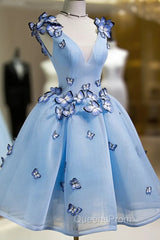 A Line V Neck Short Blue Evening Prom Dress with Butterfly, Short Blue Evening Homecoming Dress