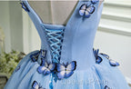 A Line V Neck Short Blue Evening Prom Dress with Butterfly, Short Blue Evening Homecoming Dress