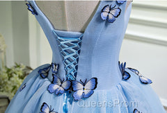 A Line V Neck Short Blue Evening Prom Dress with Butterfly, Short Blue Evening Homecoming Dress