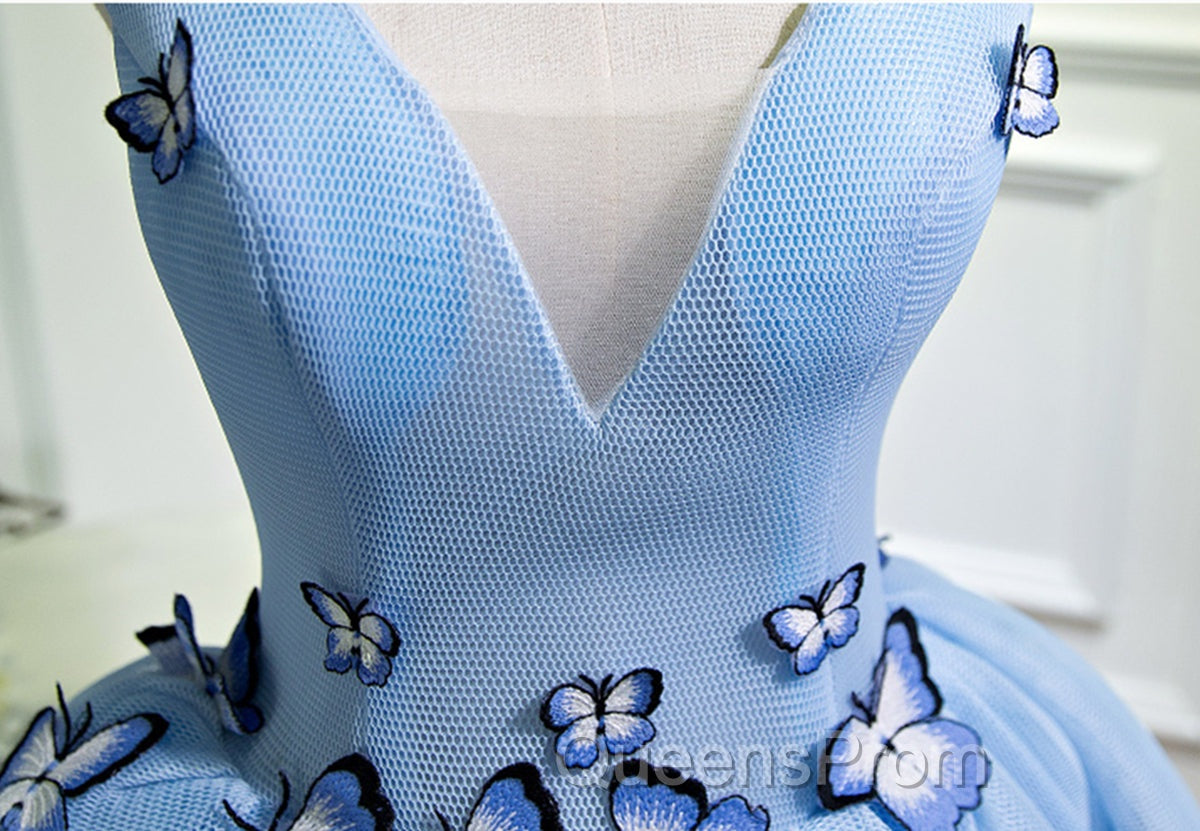 A Line V Neck Short Blue Evening Prom Dress with Butterfly, Short Blue Evening Homecoming Dress