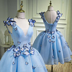 A Line V Neck Short Blue Evening Prom Dress with Butterfly, Short Blue Evening Homecoming Dress
