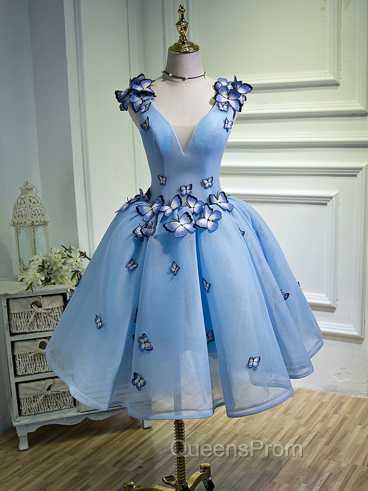 A Line V Neck Short Blue Evening Prom Dress with Butterfly, Short Blue Evening Homecoming Dress Main image