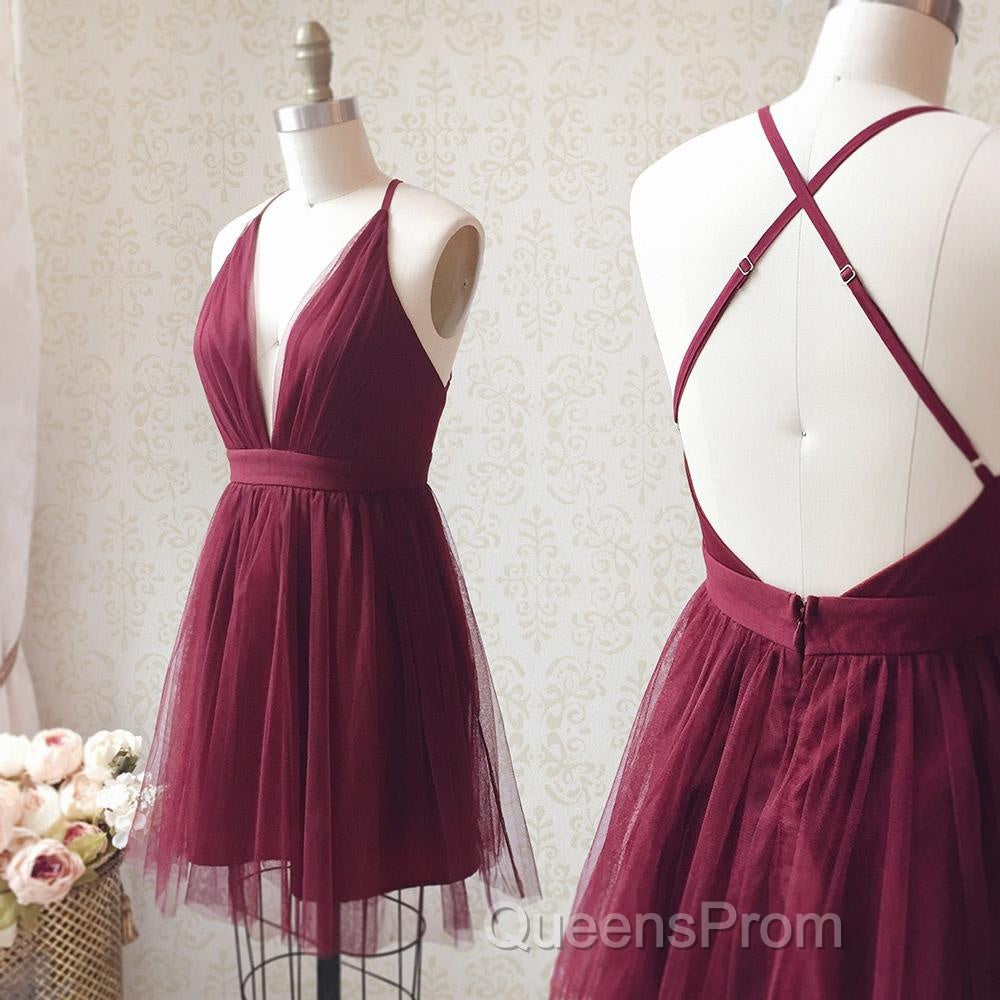 A Line V Neck Short Burgundy Backless Evening Prom Dress, Short Burgundy Backless Formal Homecoming Dress Secondary image