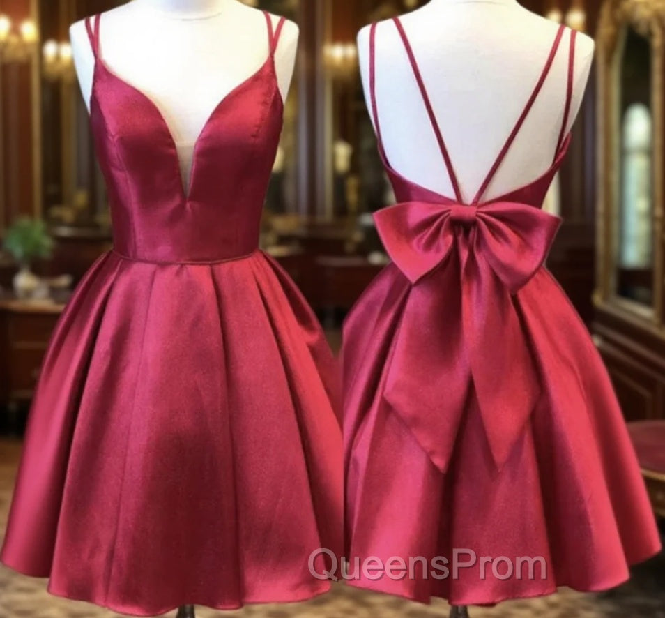 A Line V Neck Short Burgundy Backless Evening Prom Dress, Short Wine Red Evening Homecoming Dress Main image