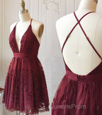 A Line V Neck Short Burgundy Lace Evening Prom Dress, Short Burgundy Lace Formal Homecoming Dress