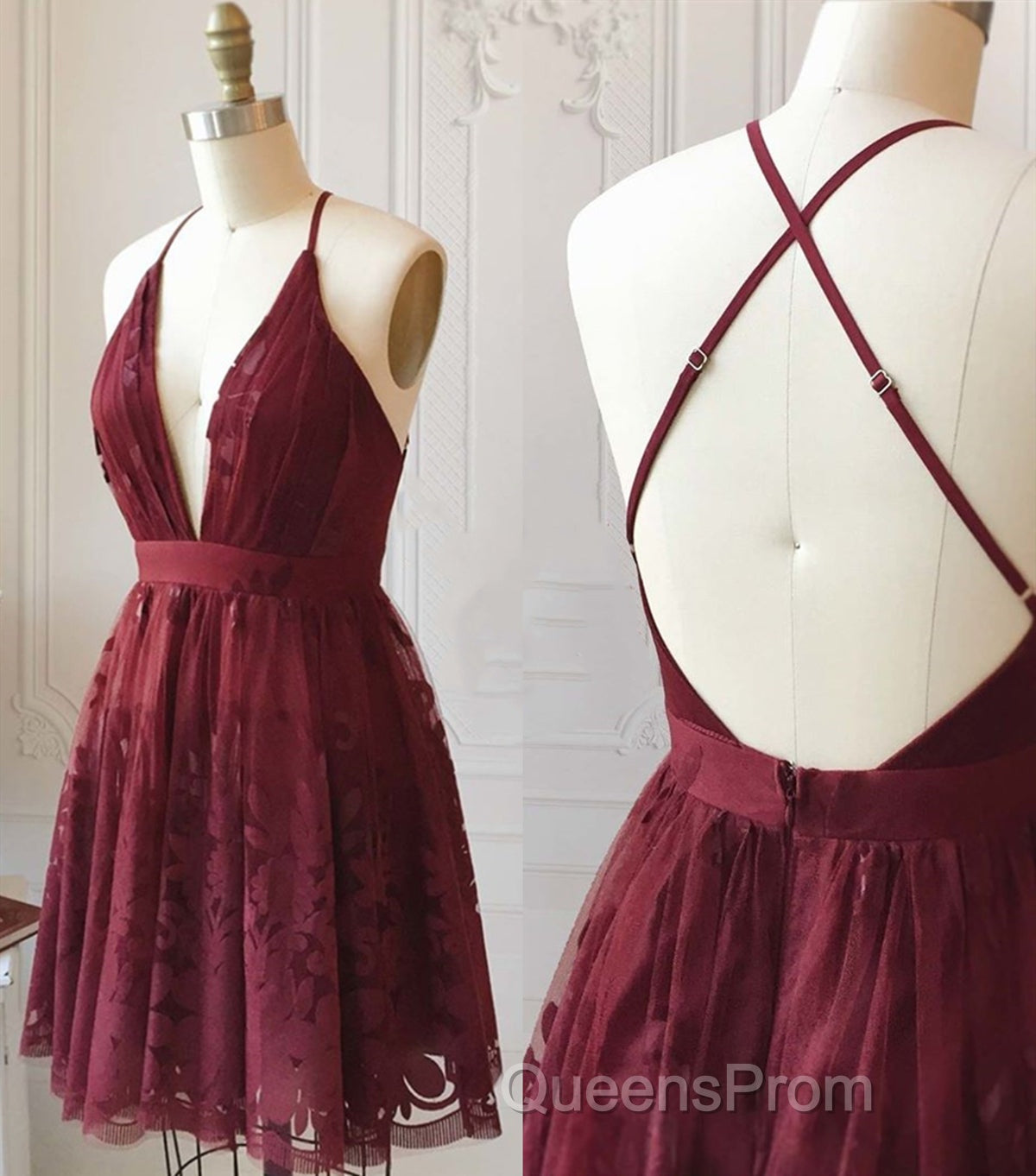 A Line V Neck Short Burgundy Lace Evening Prom Dress, Short Burgundy Lace Formal Homecoming Dress
