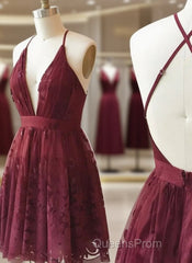 A Line V Neck Short Burgundy Lace Evening Prom Dress, Short Burgundy Lace Formal Homecoming Dress