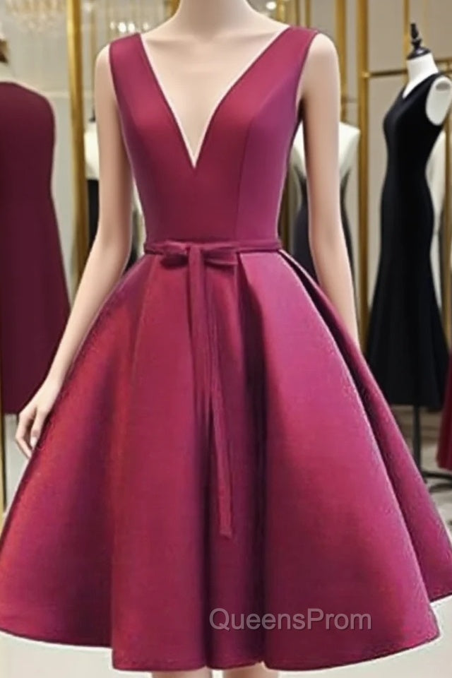 A Line V Neck Short Burgundy Evening Prom Dress, Short V Neck Wine Red Graduation Homecoming Dress Main image