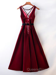 A Line V Neck Short Burgundy Evening Prom Dress, Wine Red Short Formal Graduation Homecoming Dress