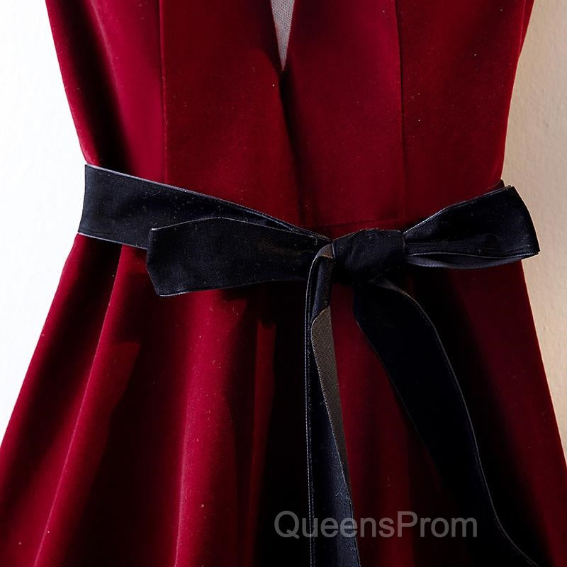 A Line V Neck Short Burgundy Evening Prom Dress, Wine Red Short Formal Graduation Homecoming Dress