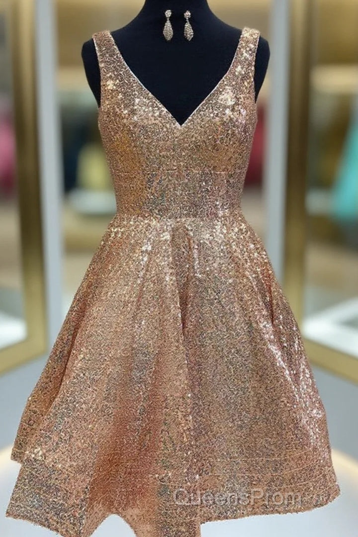 A Line V Neck Short Champagne Lace Evening Prom Dress, V Neck Short Champagne Lace Formal Homecoming Dress Main image